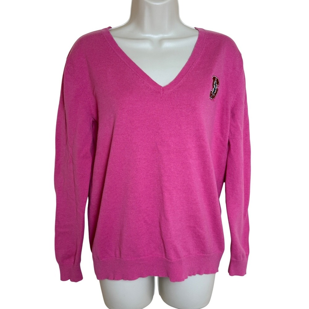Vineyard Vines Sweater Women Size M Pink Stanford University V-Neck Cotton Logo